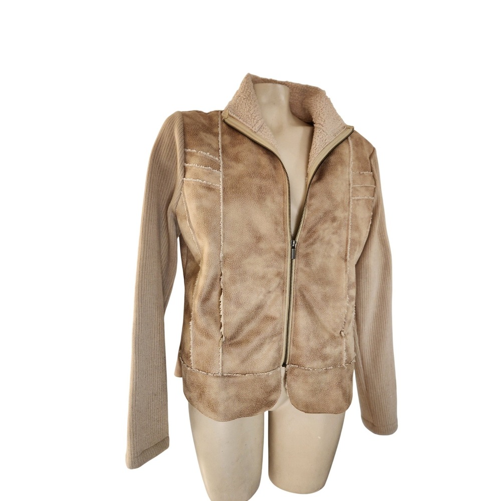 Wooly Bully Wear Tan Faux Suede Sherpa Lined Knit Sleeve Zip Jacket Womens Large